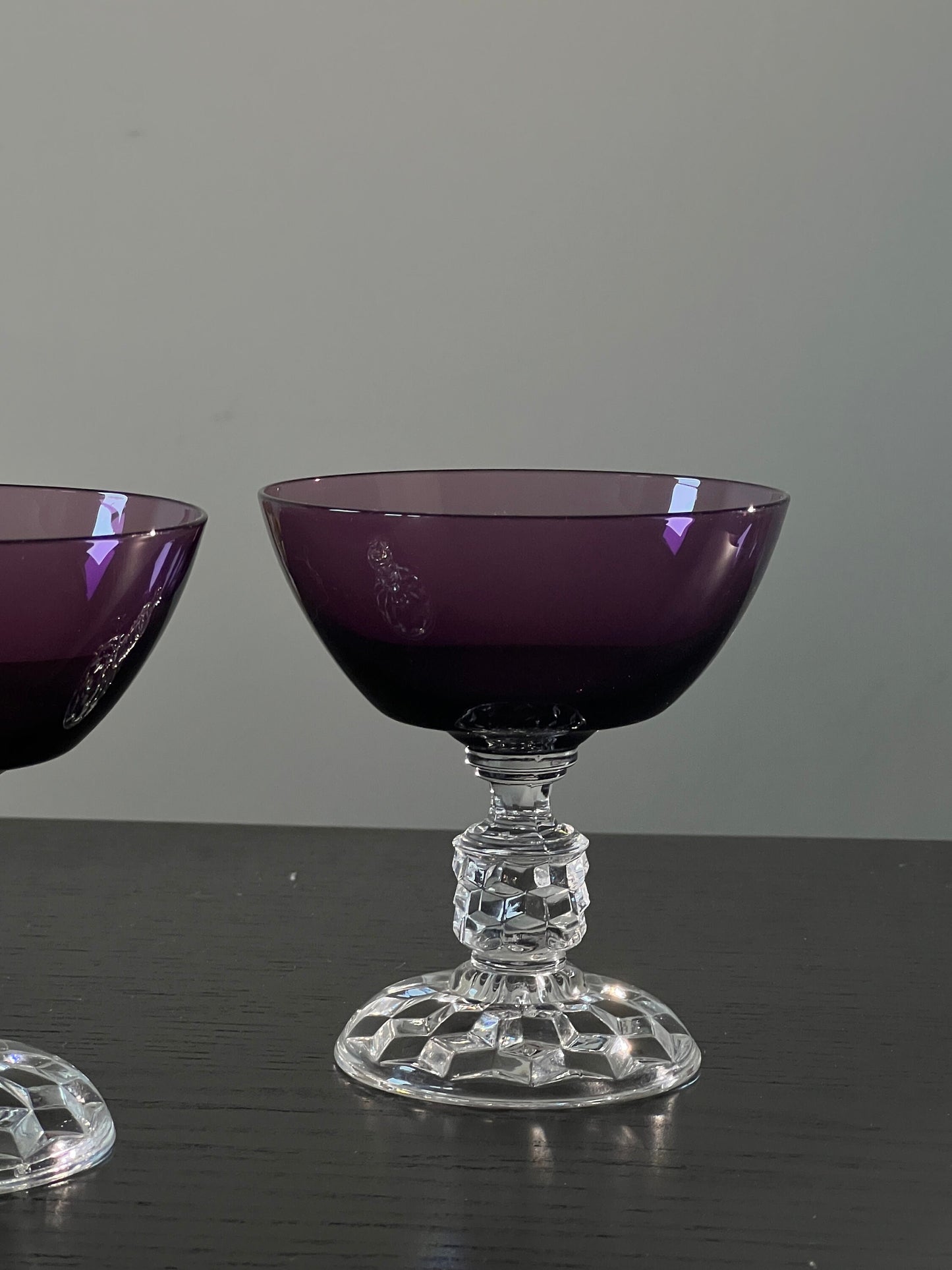 Fostoria American Lady Amethyst Burgundy Champagne Coupe/Tall Sherbet Cubist Ball Footed