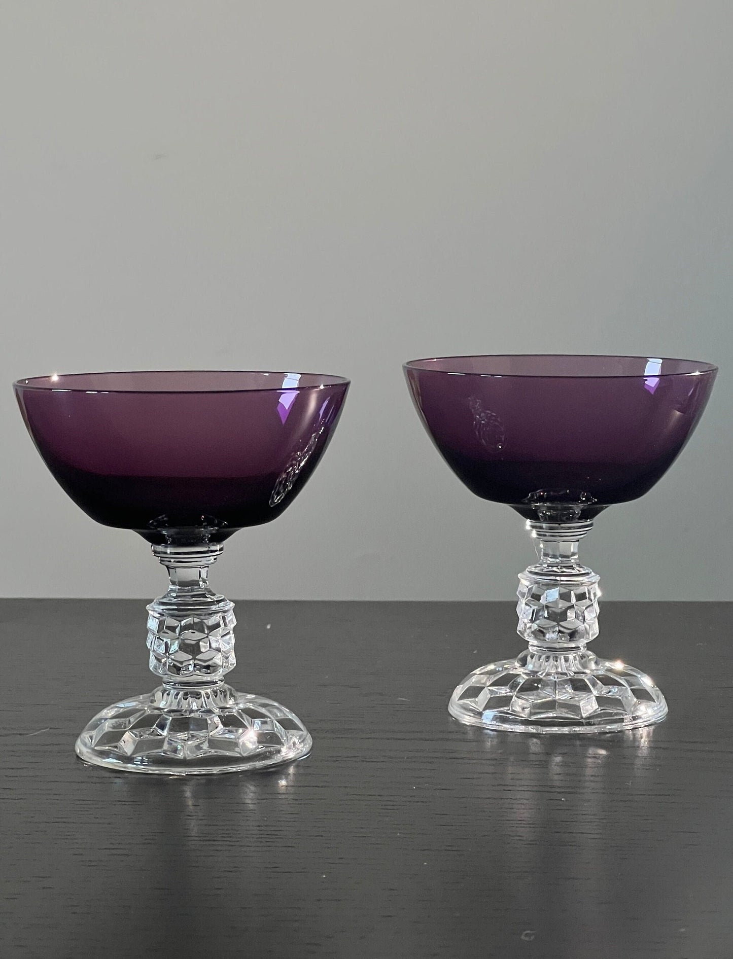 Fostoria American Lady Amethyst Burgundy Champagne Coupe/Tall Sherbet Cubist Ball Footed
