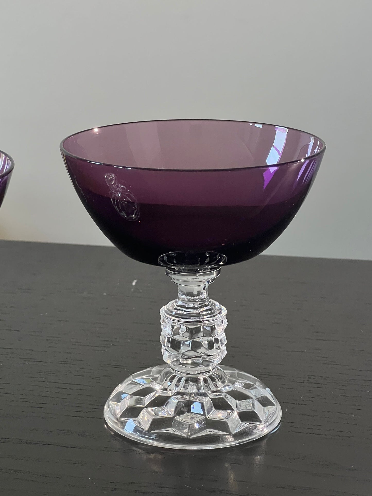 Fostoria American Lady Amethyst Burgundy Champagne Coupe/Tall Sherbet Cubist Ball Footed