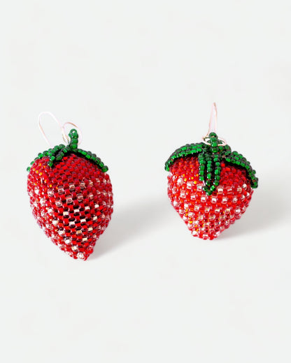 Beaded Strawberry Earrings by Wixárika Indigenous