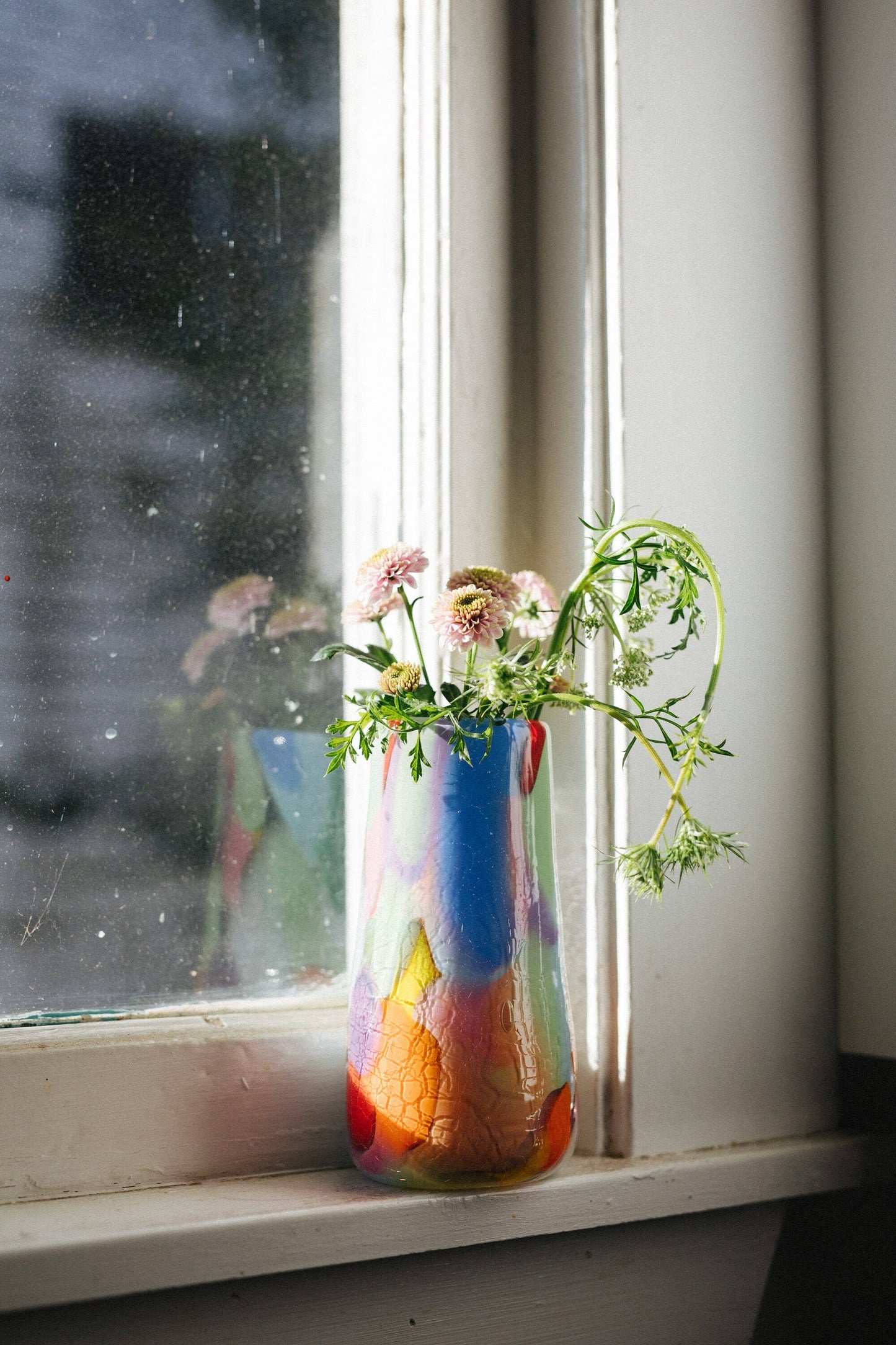 Glass Blown Rainbow Crackle Vase