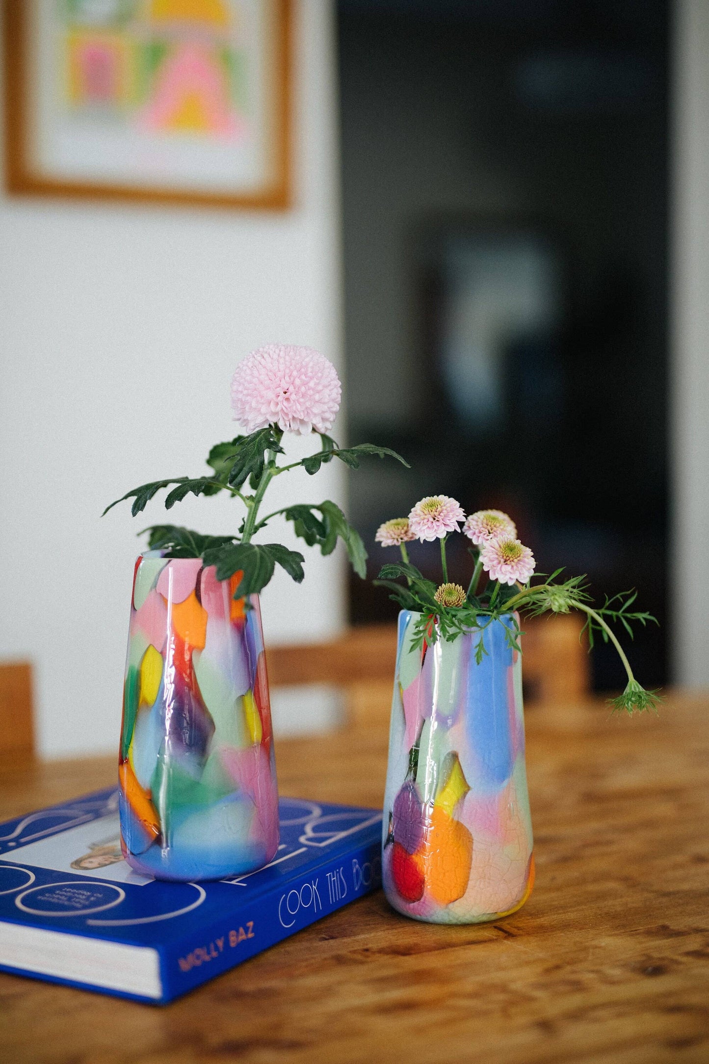 Glass Blown Rainbow Crackle Vase