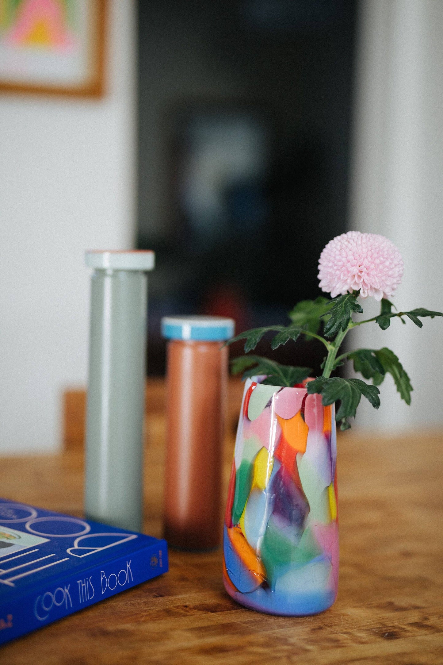 Glass Blown Rainbow Crackle Vase