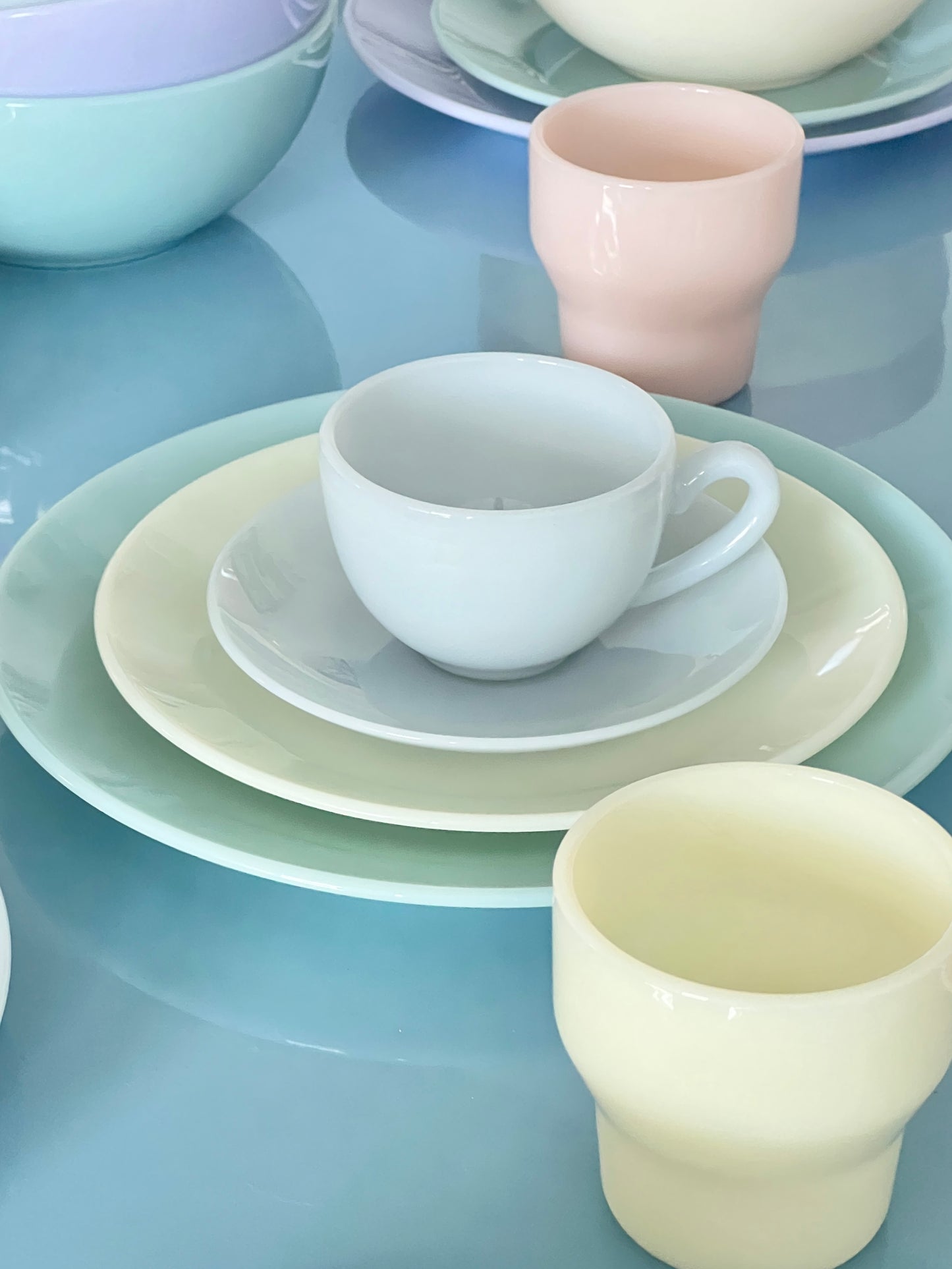 Milk Glass Cup & Saucer - Blue Fog