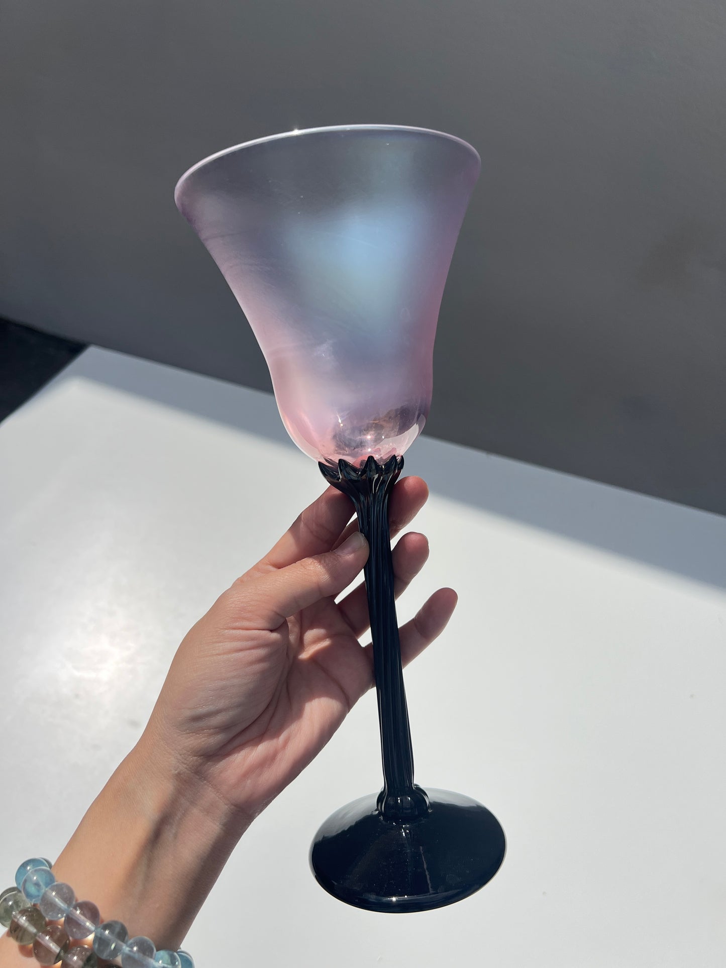 Pink Iridescent and Black Floral Stem Glass