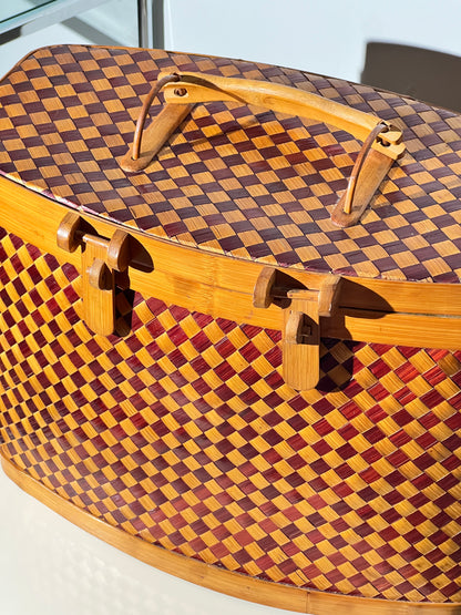 Vintage Woven Checked Picnic Basket