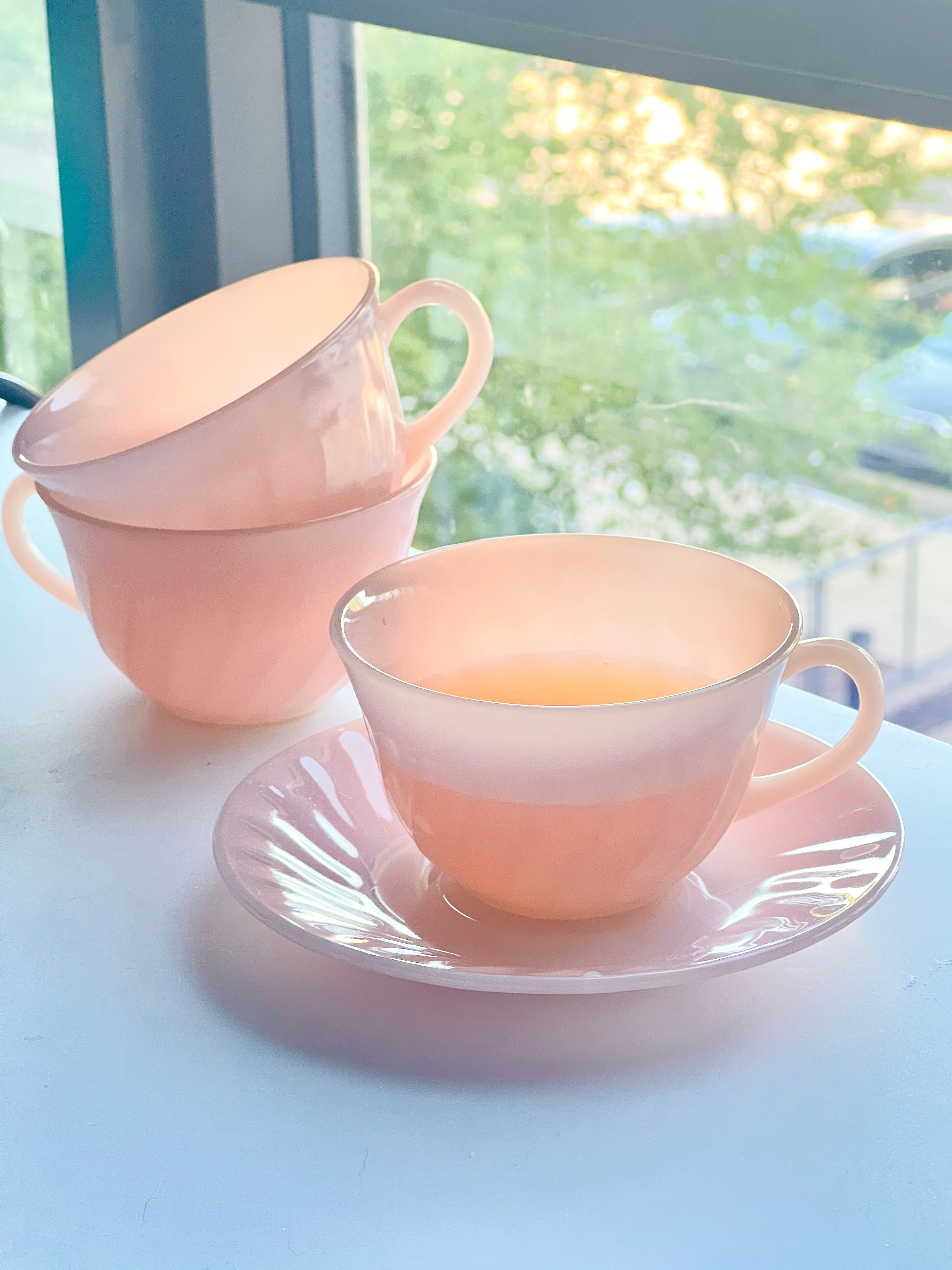 Hotsell 2 Fire-king Pink swirl cup & saucer sets