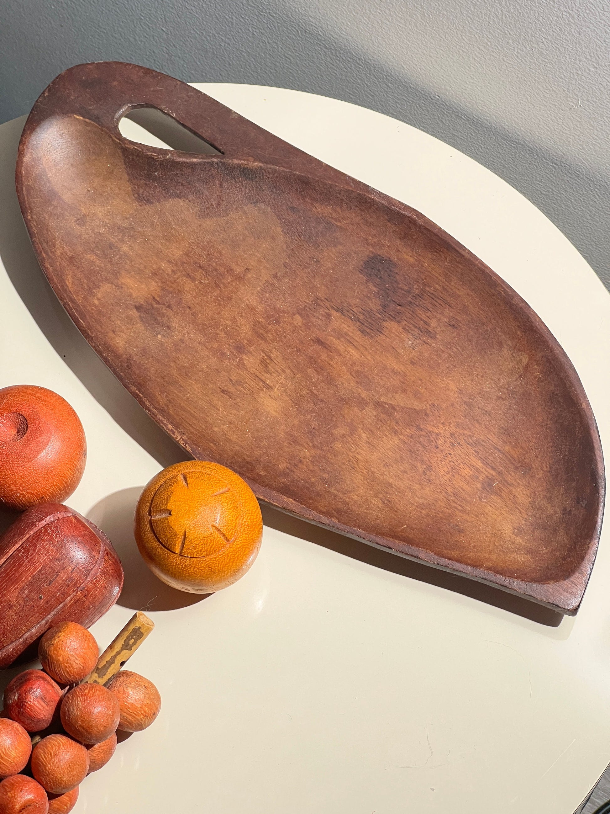 Colorful Wooden Fruit with Tray Mid-Century Carved Wood Fruit Bowl Set MCM wood grape banana apple lemon avocado peach melon kiwifruit