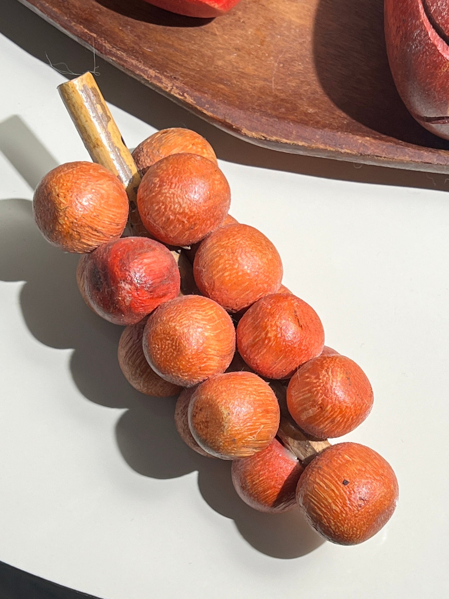 Colorful Wooden Fruit with Tray Mid-Century Carved Wood Fruit Bowl Set MCM wood grape banana apple lemon avocado peach melon kiwifruit