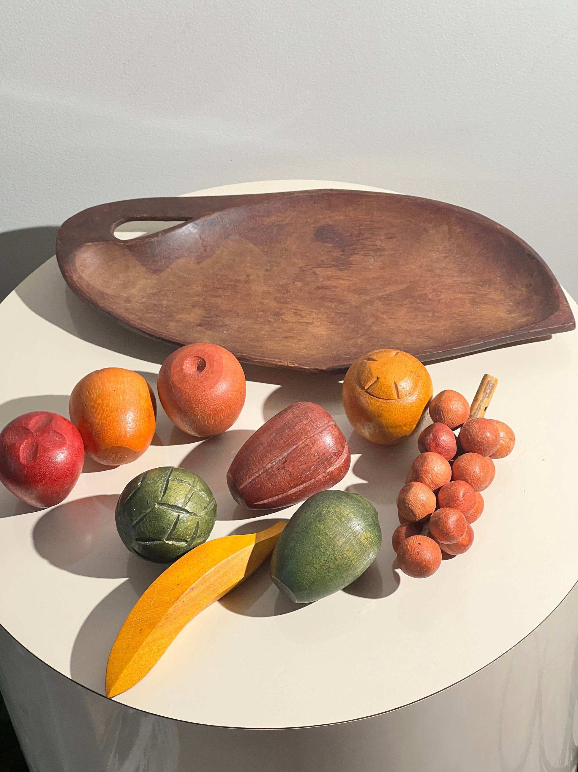 Colorful Wooden Fruit with Tray Mid-Century Carved Wood Fruit Bowl Set MCM wood grape banana apple lemon avocado peach melon kiwifruit