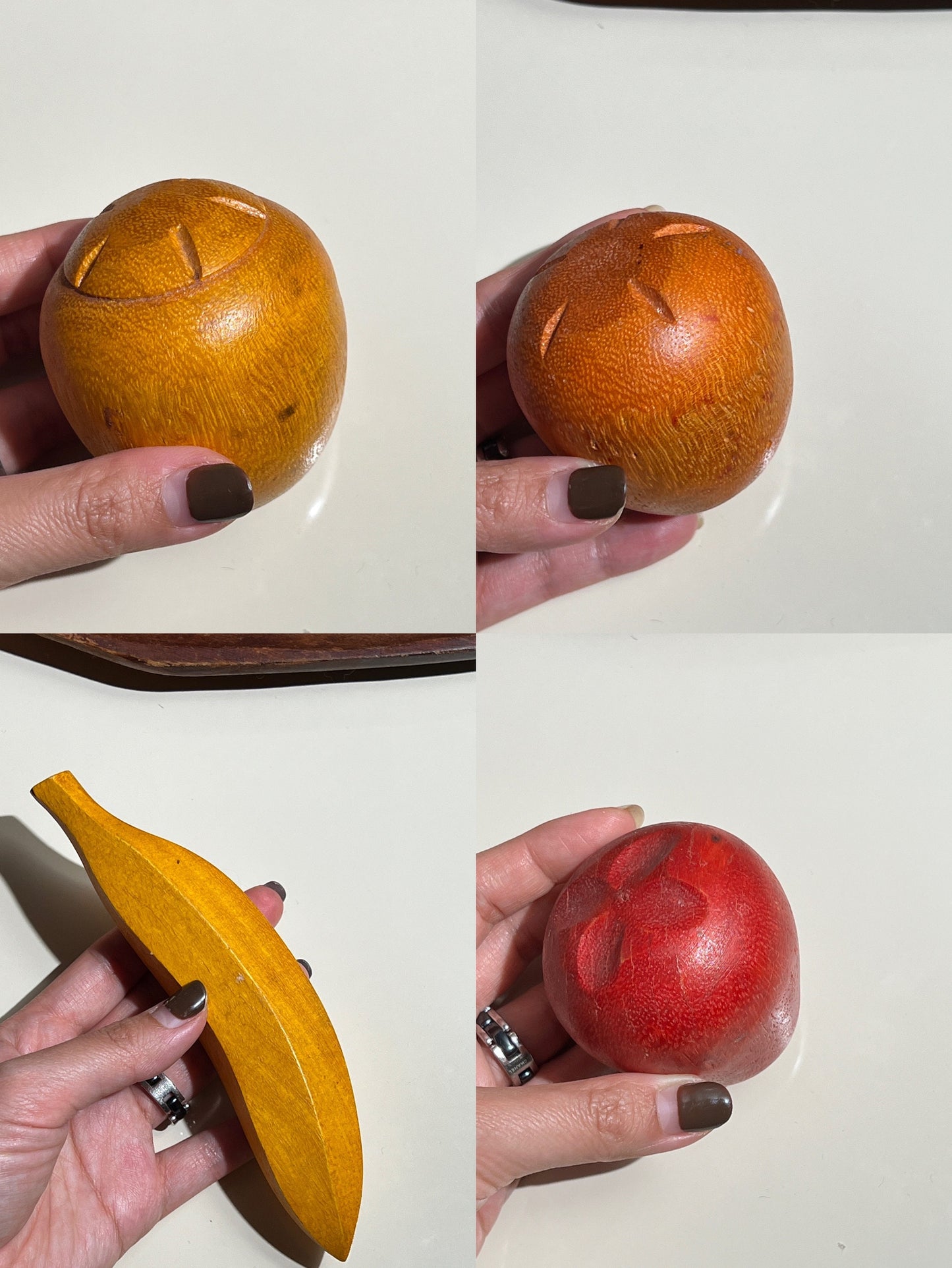 Colorful Wooden Fruit with Tray Mid-Century Carved Wood Fruit Bowl Set MCM wood grape banana apple lemon avocado peach melon kiwifruit