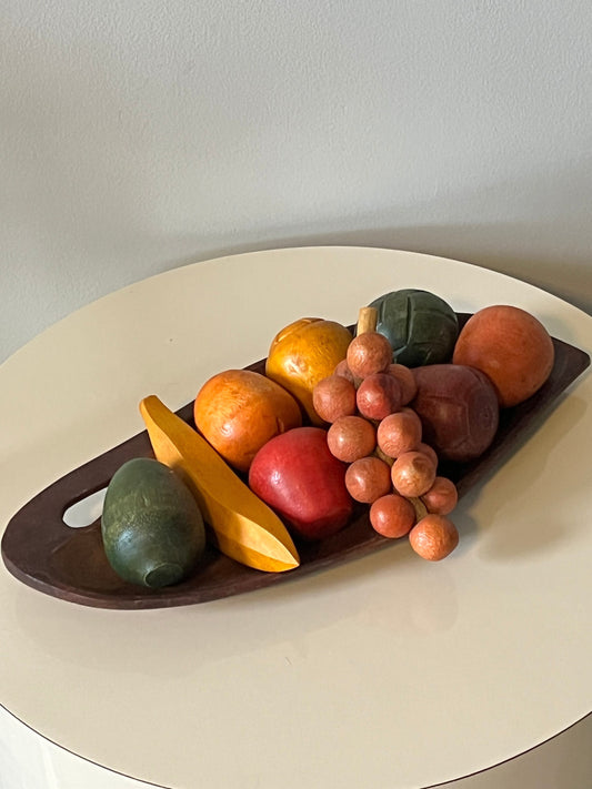 Colorful Wooden Fruit with Tray Mid-Century Carved Wood Fruit Bowl Set MCM wood grape banana apple lemon avocado peach melon kiwifruit